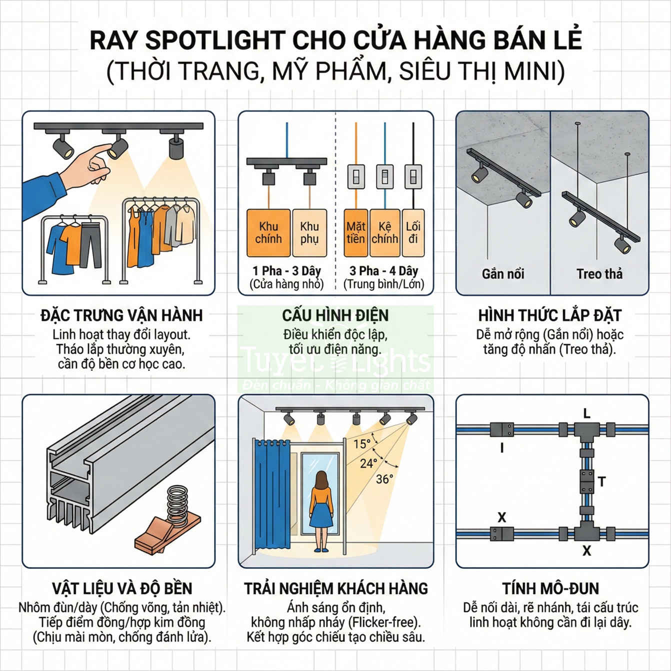 Đèn ray spotlight cho cửa hàng bán lẻ, minh họa cấu tạo, cách lắp đặt và ưu điểm chiếu sáng sản phẩm