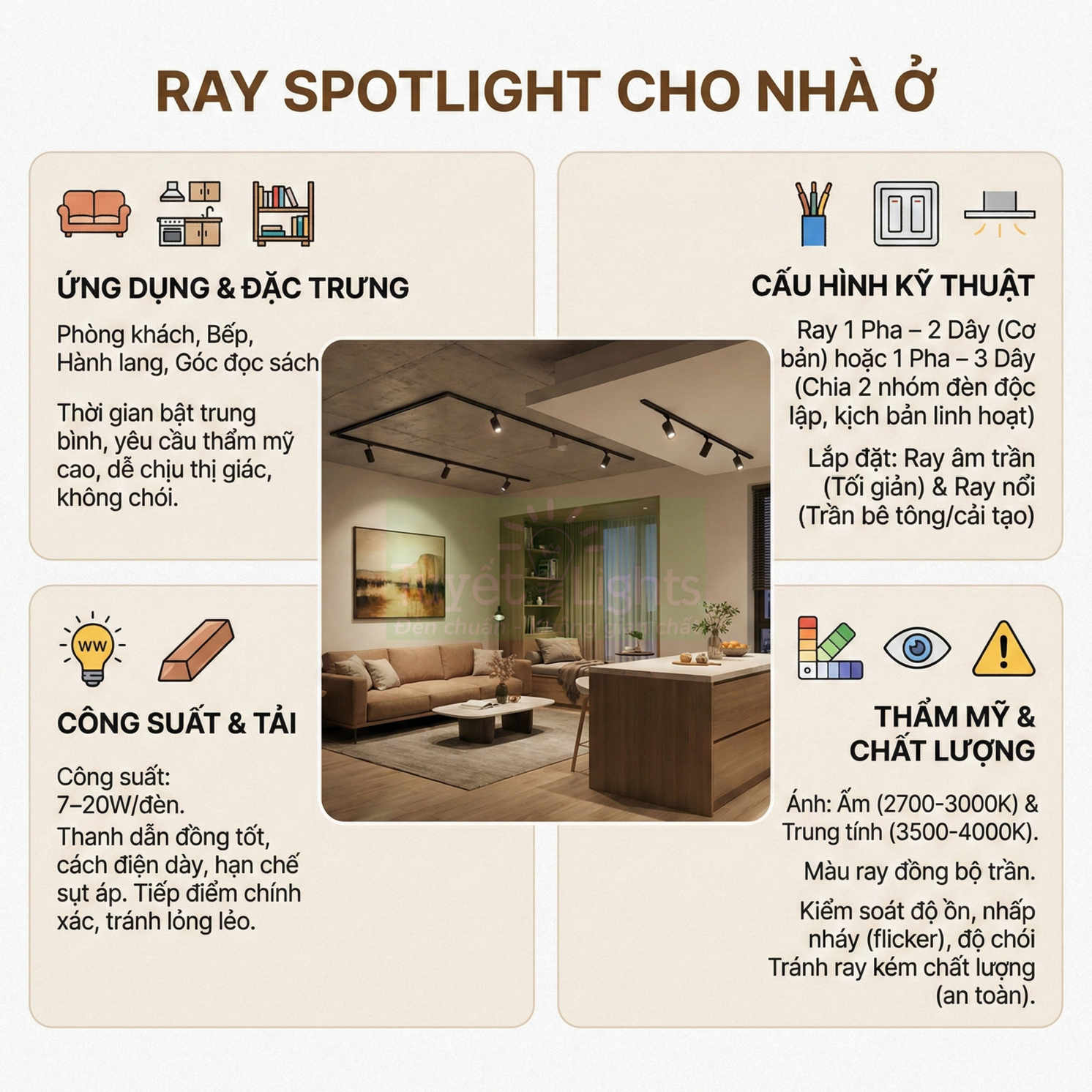 Đèn ray spotlight chiếu sáng phòng khách và bếp hiện đại với trần bê tông, nội thất gỗ ấm cúng