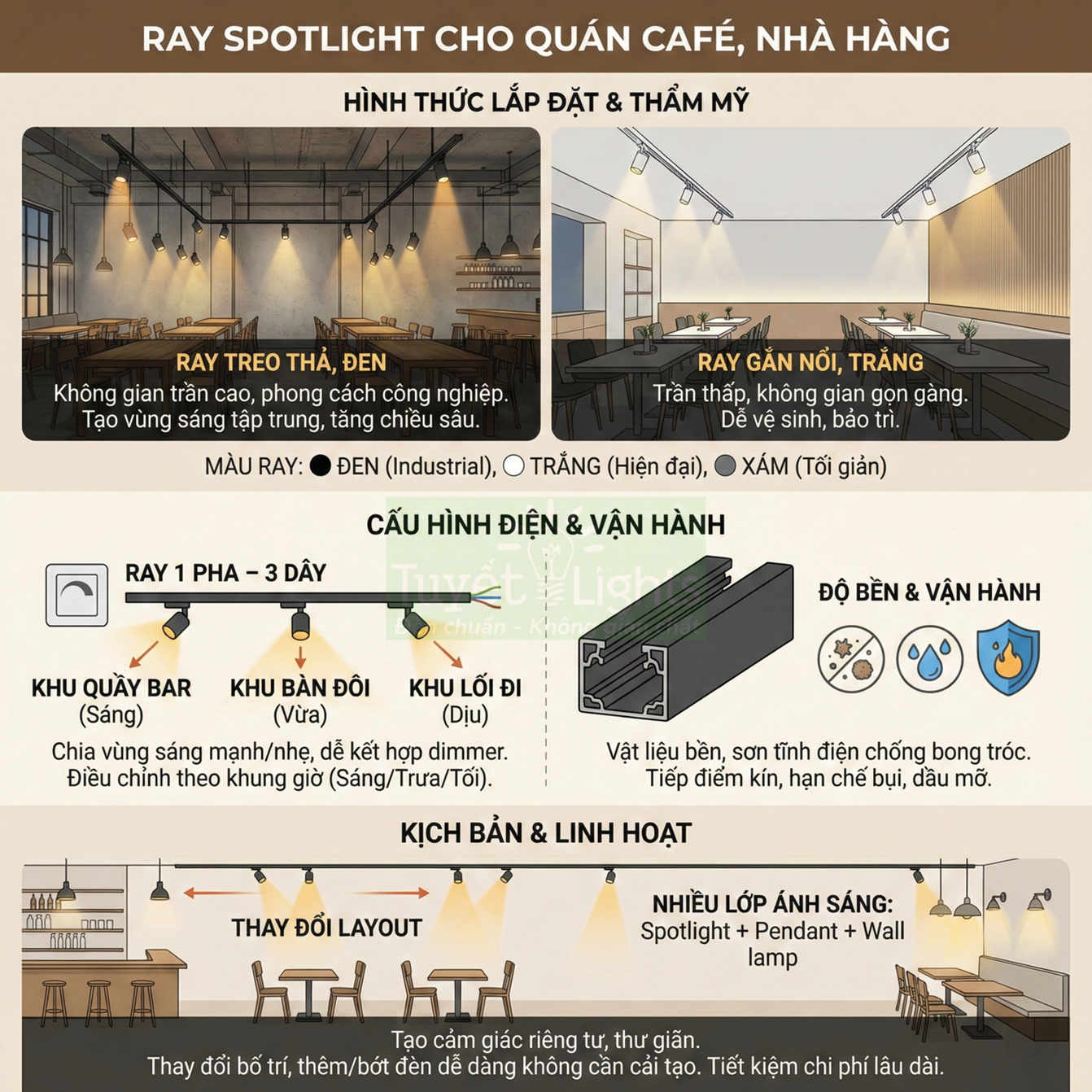 Ray spotlight cho quán cafe nhà hàng với ray treo thả và ray gắn nổi, bố trí chiếu sáng linh hoạt