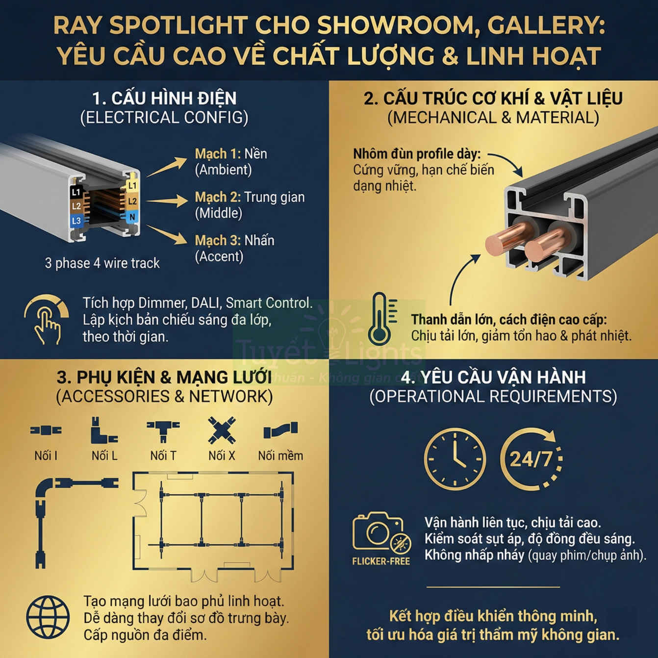 Ray spotlight ray track 3 pha cho showroom gallery với cấu hình điện, cấu trúc nhôm, phụ kiện nối và yêu cầu vận hành