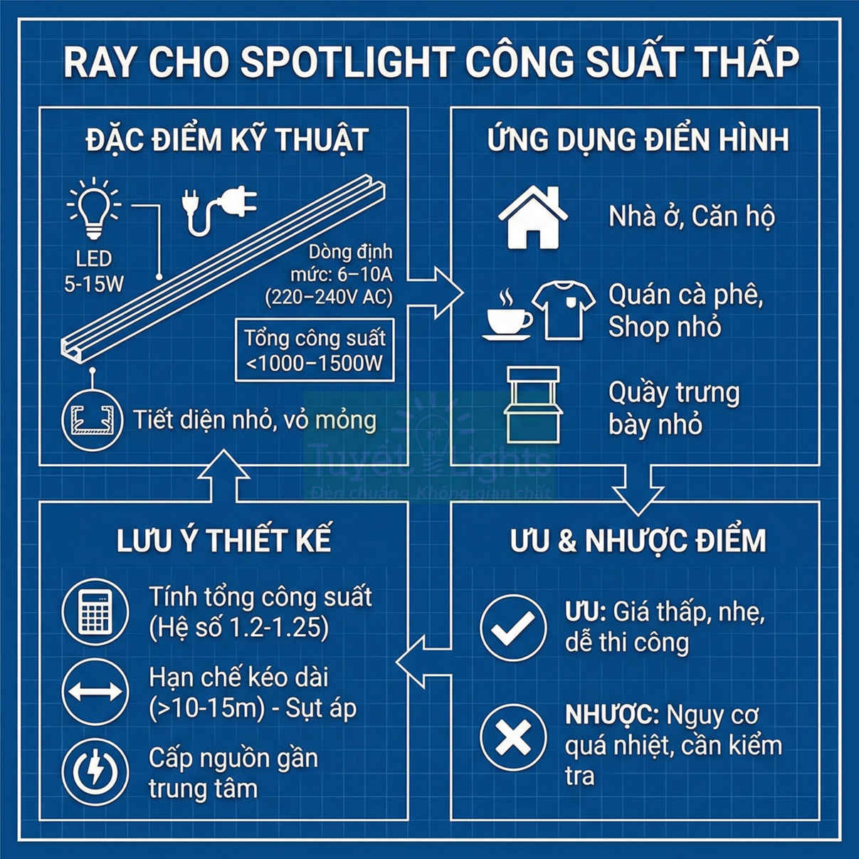 Infographic ray cho đèn spotlight công suất thấp, thông số kỹ thuật, ứng dụng, lưu ý thiết kế và ưu nhược điểm