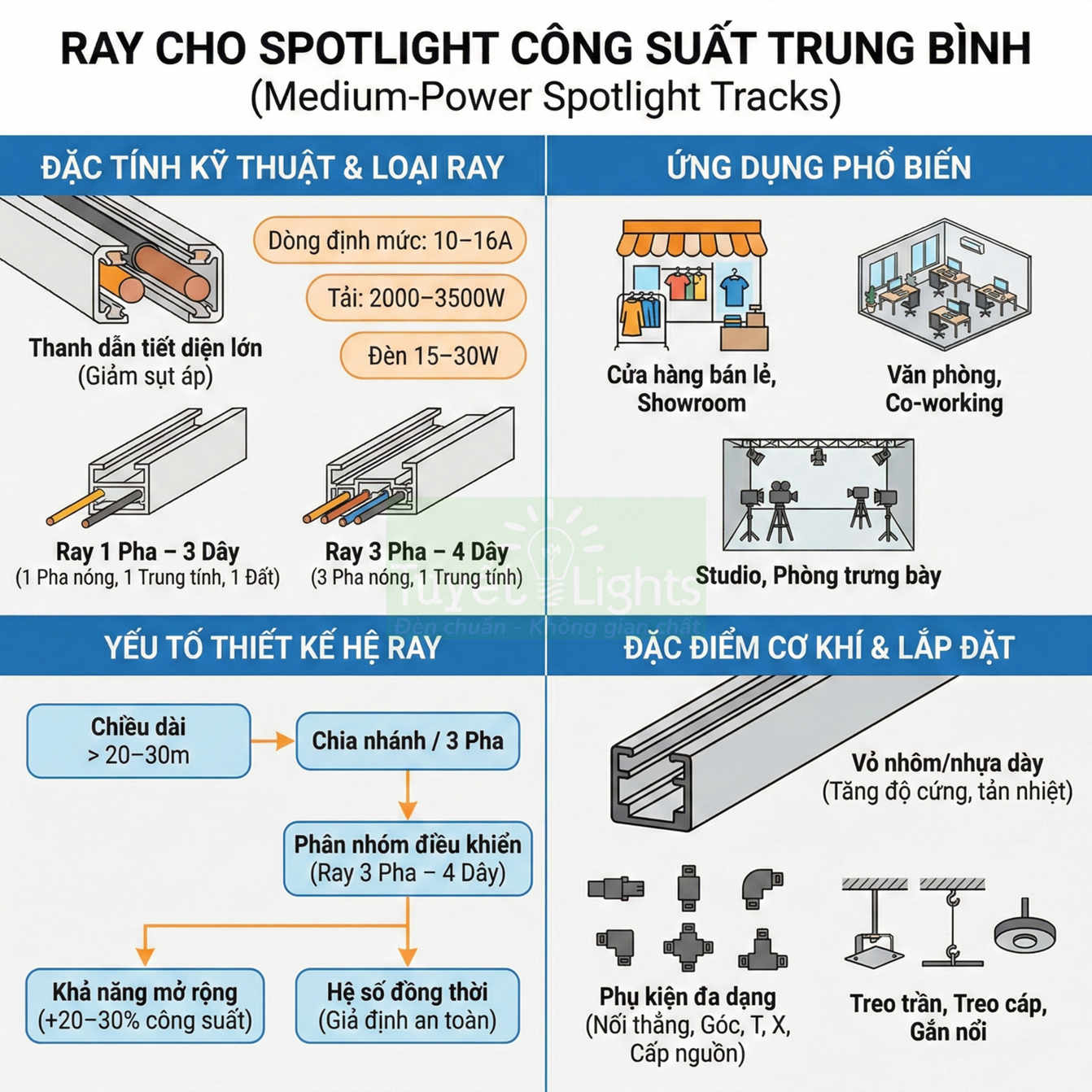 Ray điện cho đèn spotlight công suất trung bình, cấu tạo 1 pha 3 dây và 3 pha 4 dây, ứng dụng cho cửa hàng và văn phòng