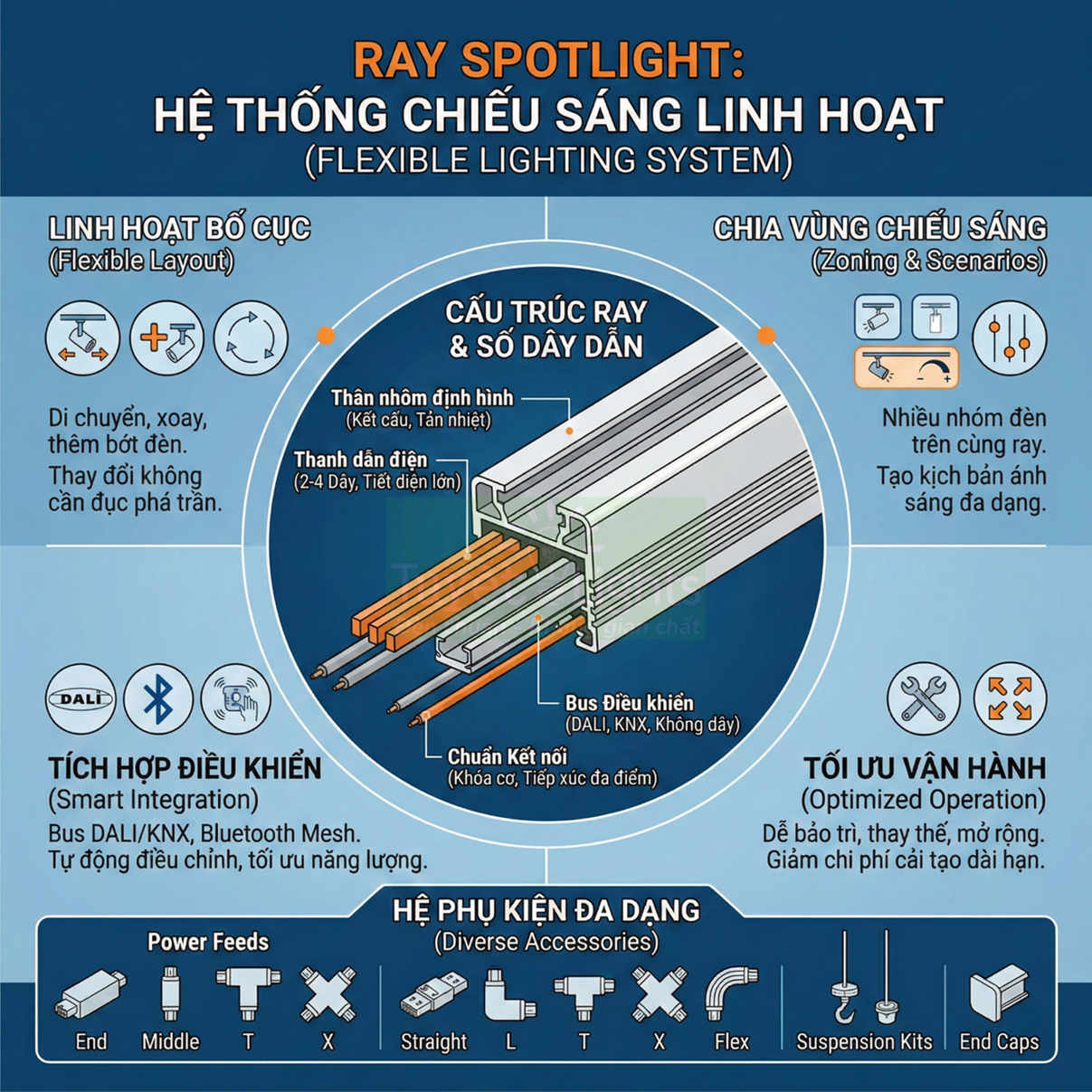 Sơ đồ cấu trúc ray spotlight hệ thống chiếu sáng linh hoạt với thanh ray nhôm và các phụ kiện lắp đặt