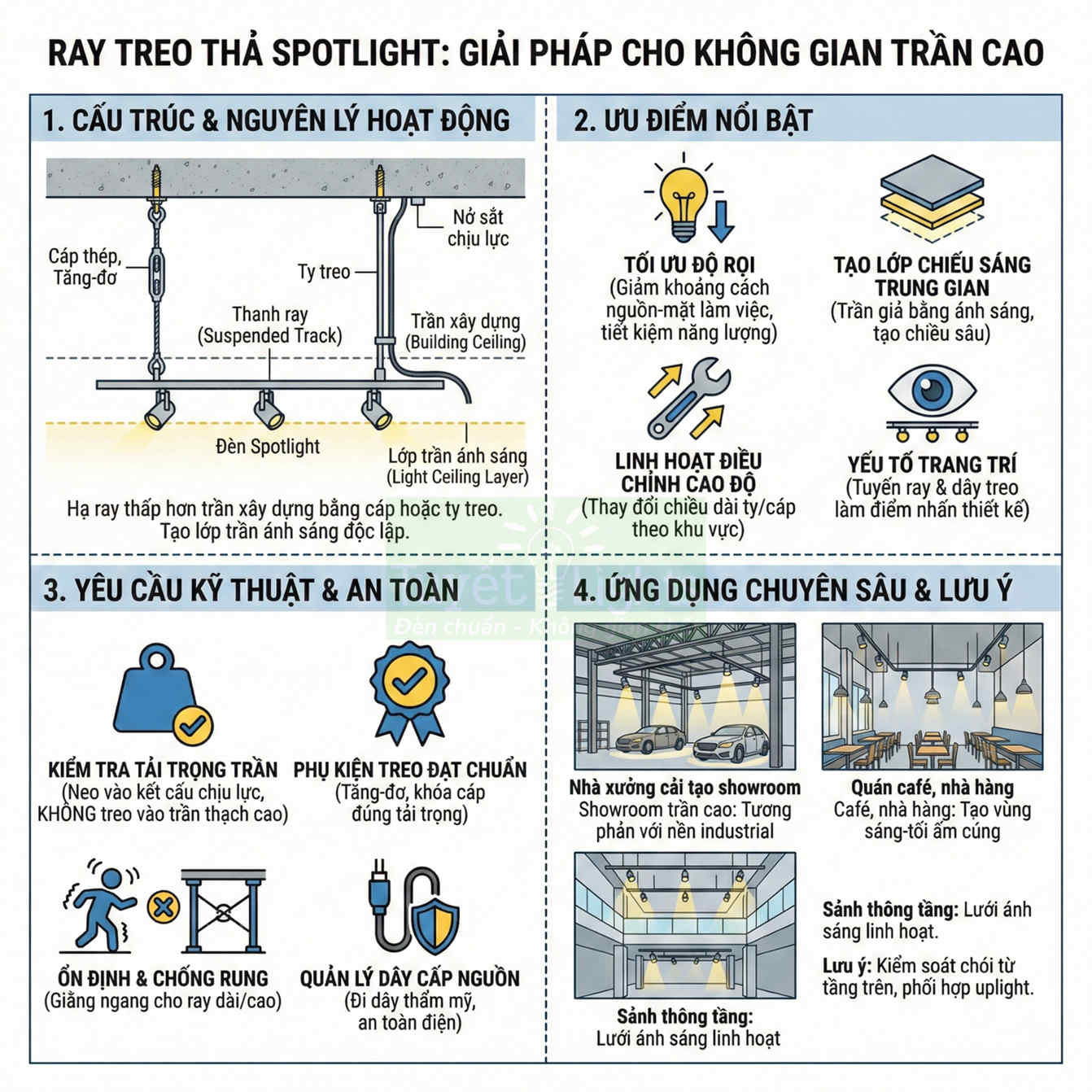 Infographic ray treo thả spotlight cho trần cao, cấu tạo, ưu điểm, yêu cầu kỹ thuật và ứng dụng chiếu sáng