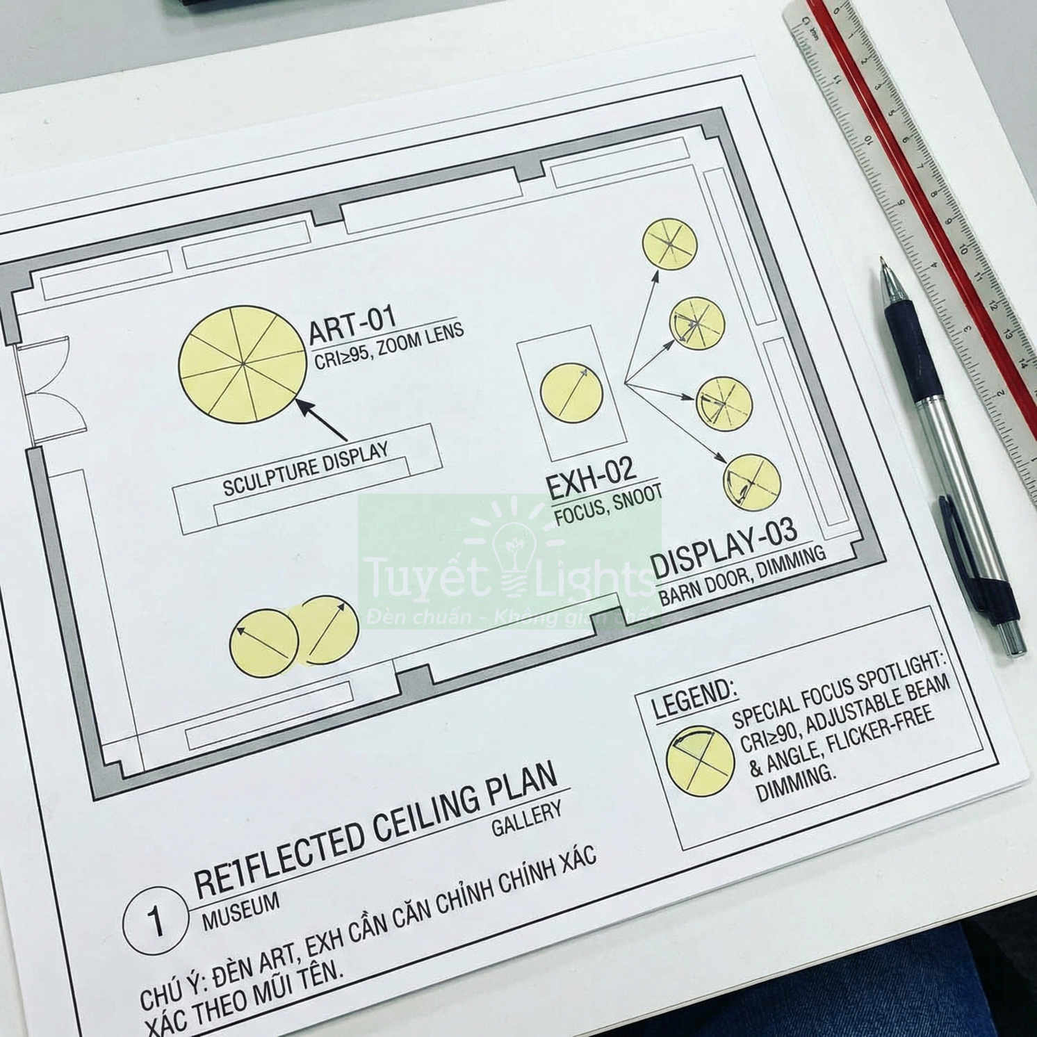 Bản vẽ thiết kế chiếu sáng trần phòng trưng bày sử dụng đèn spotlight Tuyet Light