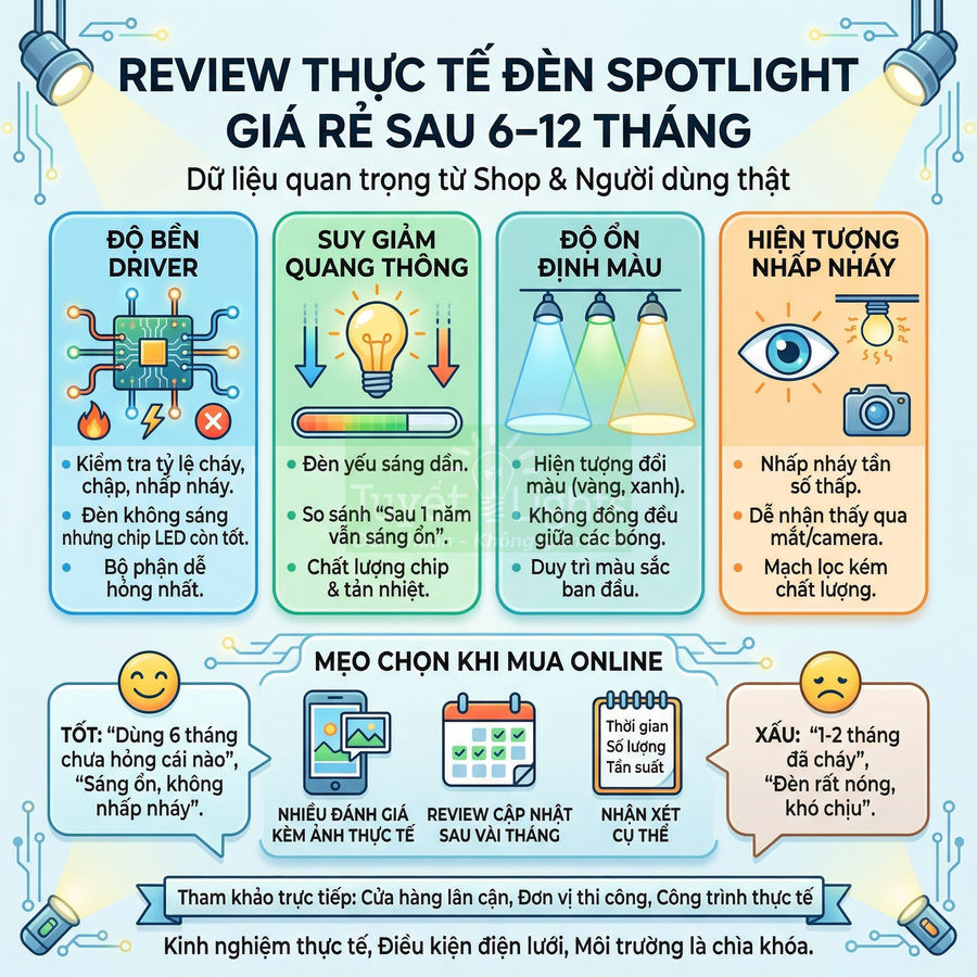 Infographic review thực tế đèn spotlight giá rẻ sau 6–12 tháng, hướng dẫn chọn mua đèn LED bền sáng, không nhấp nháy