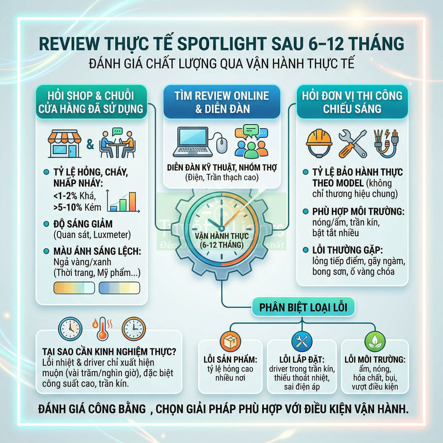 Infographic review chất lượng đèn spotlight sau 6 đến 12 tháng sử dụng và các loại lỗi thường gặp