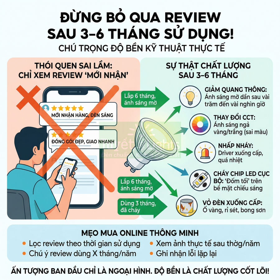 Infographic cảnh báo chọn mua đèn LED online, so sánh review mới nhận với chất lượng đèn sau 3 đến 6 tháng sử dụng