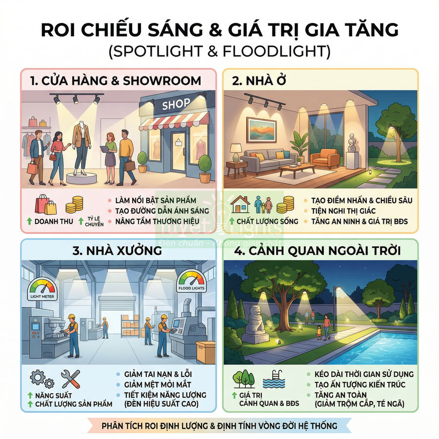 Infographic ứng dụng đèn spotlight và floodlight cho cửa hàng, nhà ở, nhà xưởng và cảnh quan ngoài trời