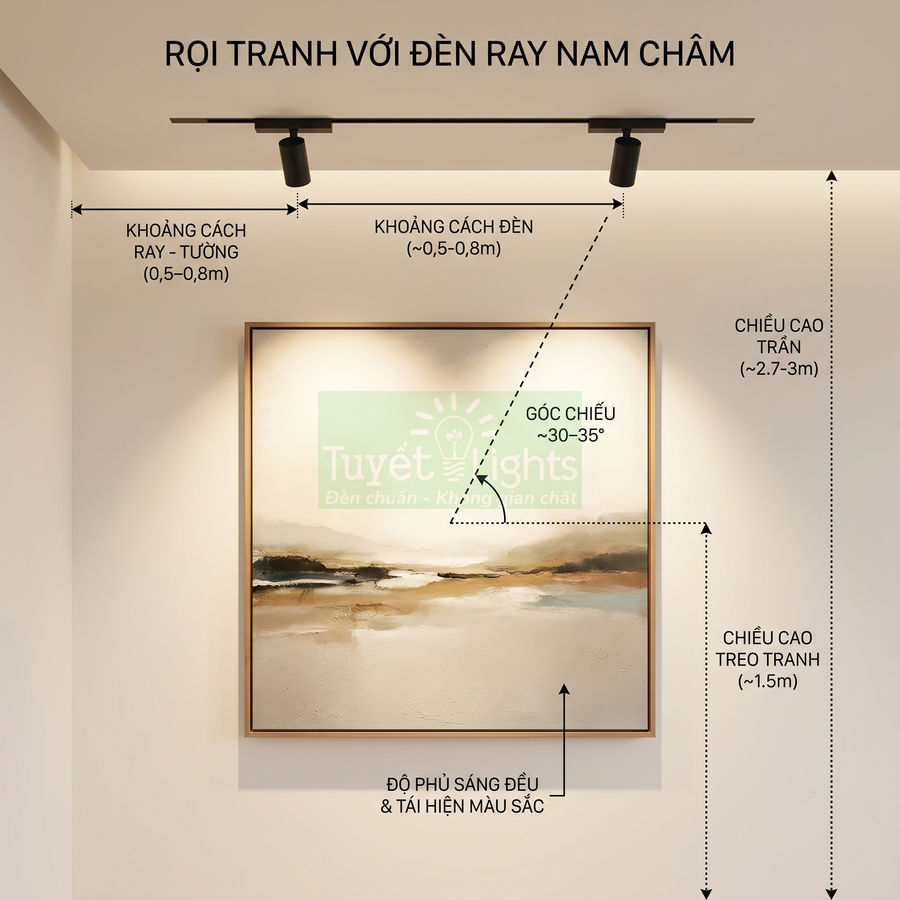 Đèn ray nam châm chiếu rọi bức tranh treo tường trong phòng khách, ánh sáng đều và làm nổi bật tác phẩm nghệ thuật