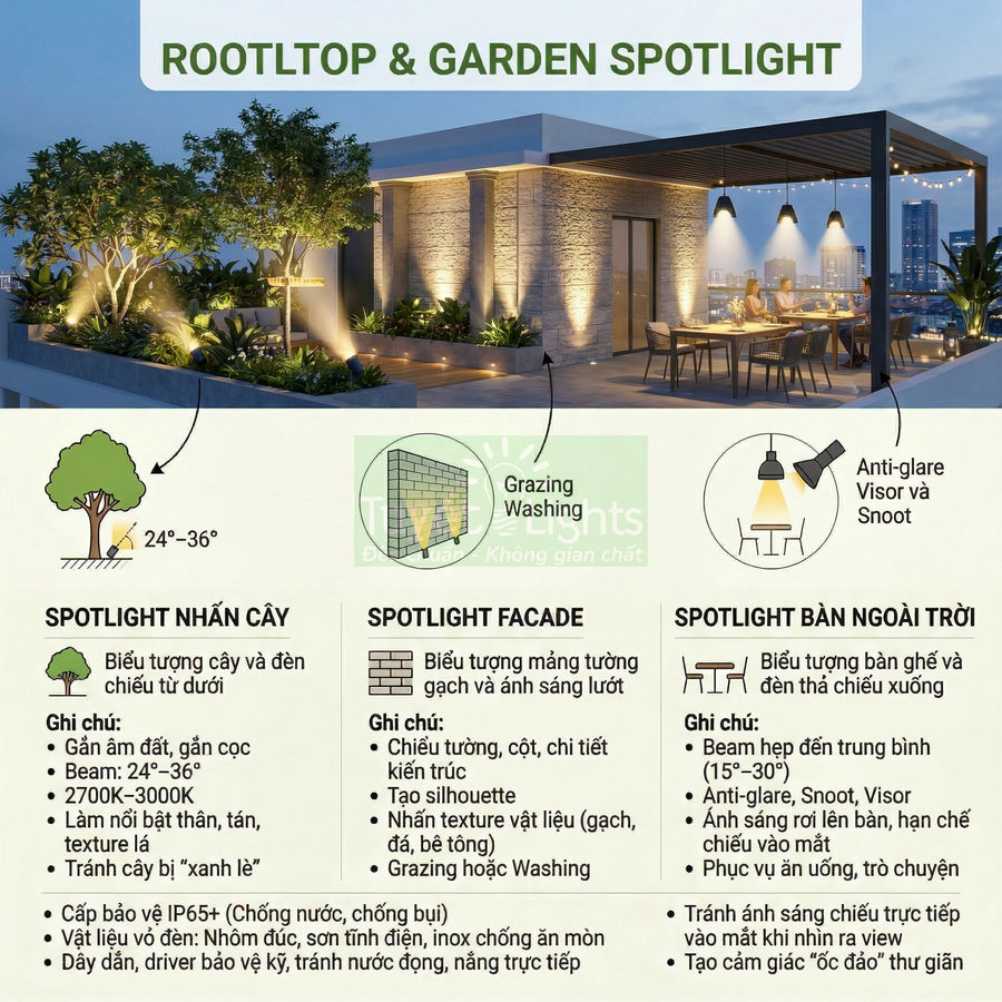Giải pháp đèn spotlight chiếu cây, tường và bàn ngoài trời cho sân vườn và rooftop hiện đại ban đêm