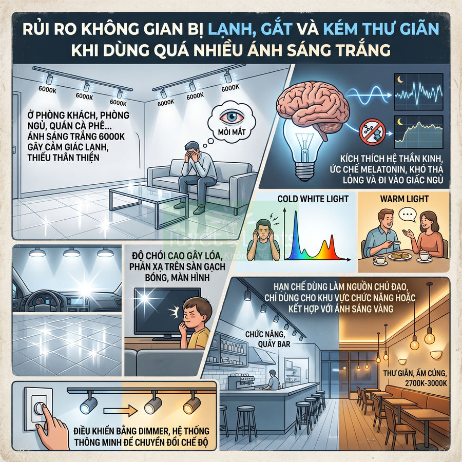 Infographic cảnh báo rủi ro dùng quá nhiều ánh sáng trắng lạnh trong nhà và gợi ý kết hợp ánh sáng vàng thư giãn