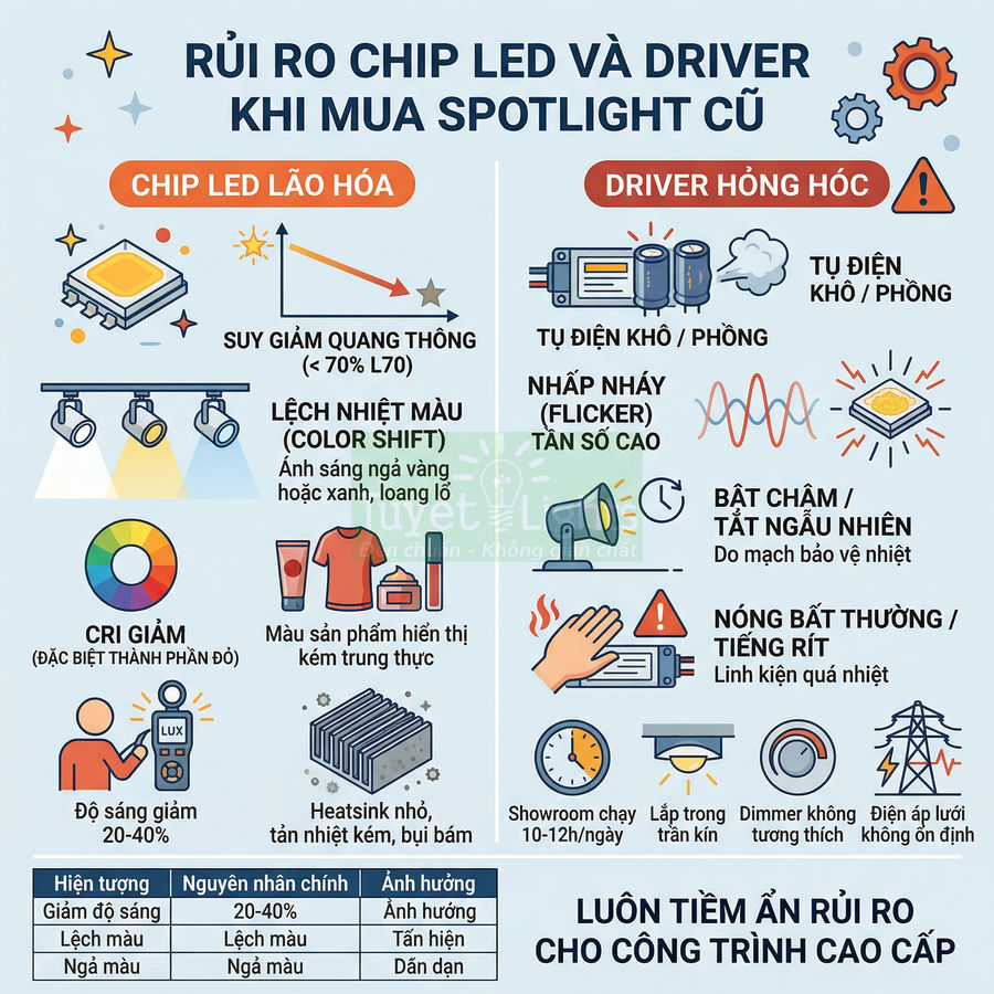 Infographic cảnh báo rủi ro khi dùng chip LED và driver spotlight cũ cho công trình chiếu sáng cao cấp