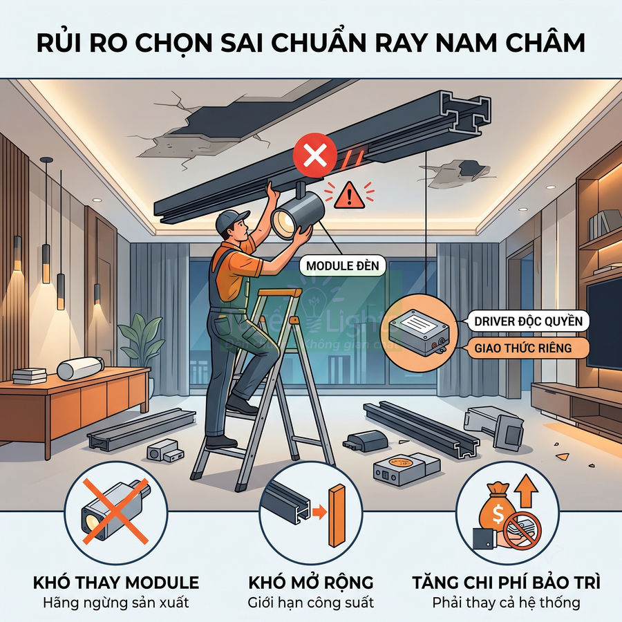 Thợ lắp đặt đèn ray nam châm trong phòng khách, minh họa rủi ro chọn sai chuẩn ray và module đèn