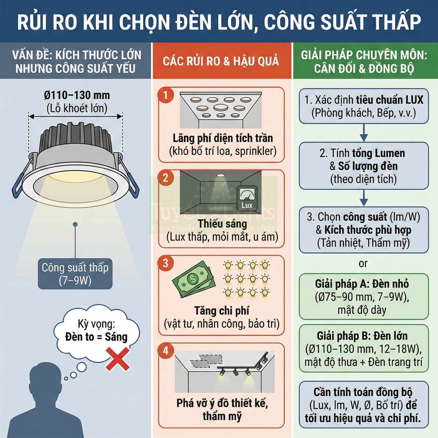 Infographic rủi ro khi chọn đèn âm trần kích thước lớn công suất thấp và giải pháp chọn đèn phù hợp