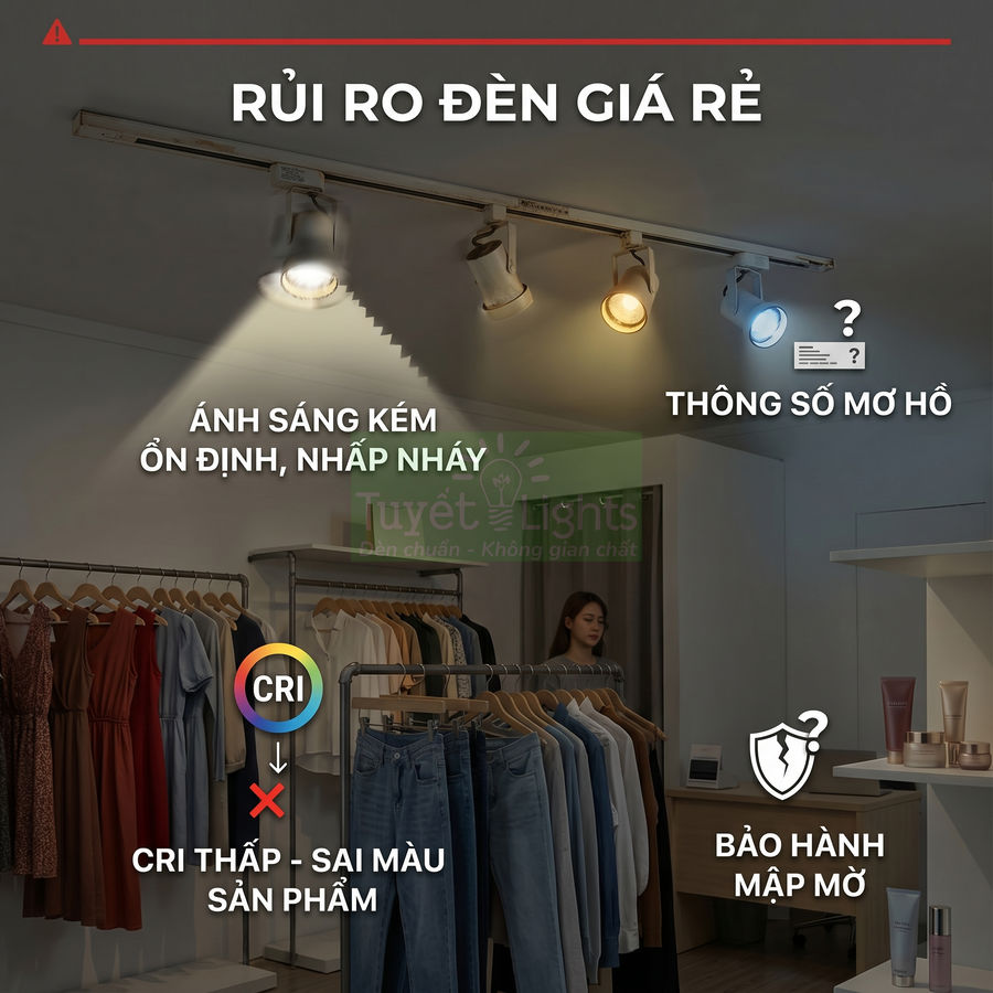 Cảnh cửa hàng quần áo dùng đèn rọi giá rẻ ánh sáng kém, sai màu sản phẩm và cảnh báo rủi ro khi chọn đèn kém chất lượng