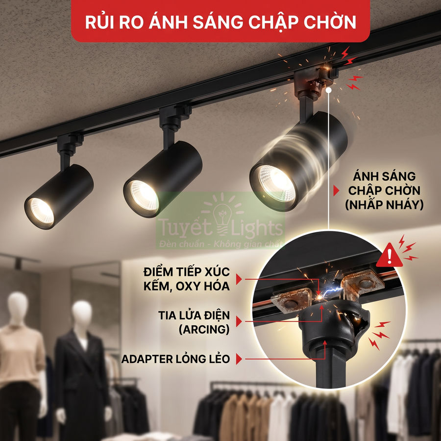 Đèn rọi ray Tuyết Lights trong cửa hàng quần áo với cảnh báo nguy cơ chập chờn và tia lửa điện