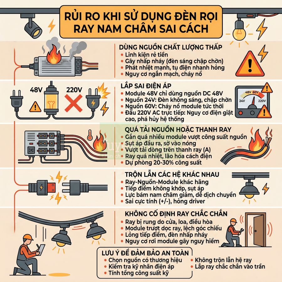 Infographic cảnh báo rủi ro khi lắp đặt và sử dụng đèn rọi ray nam châm sai cách trong nhà