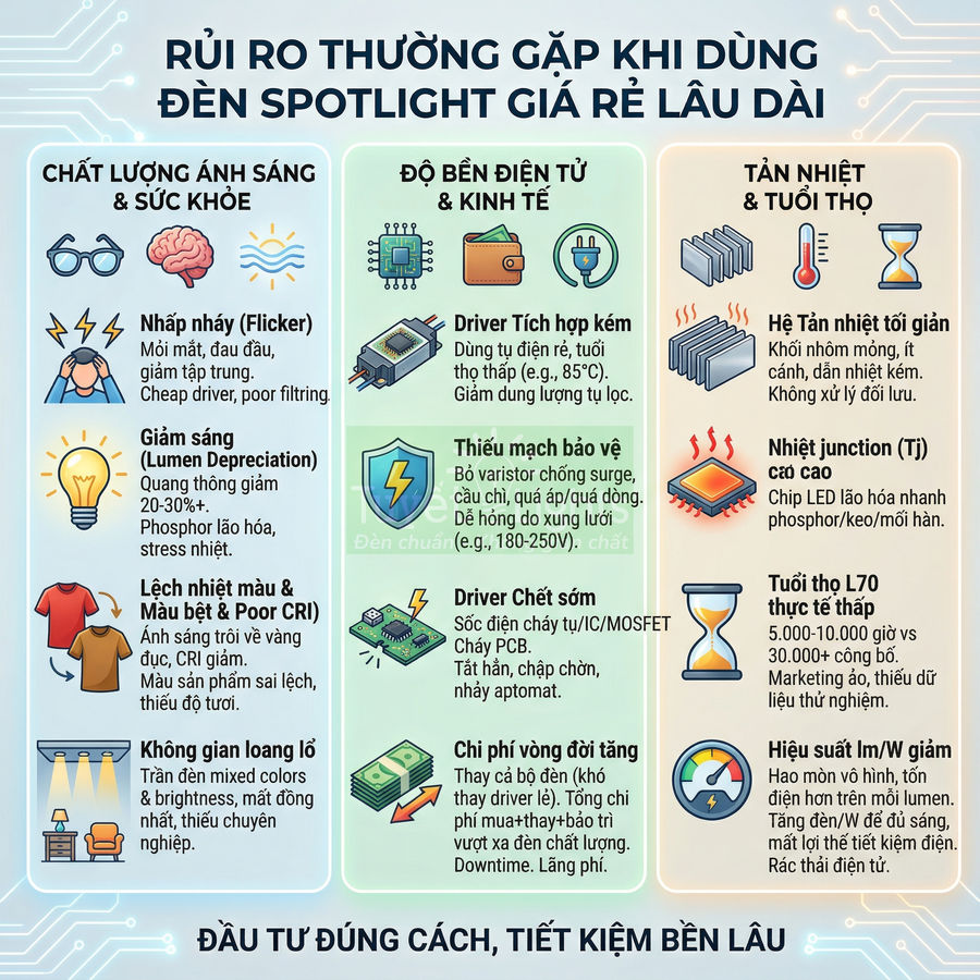 Infographic cảnh báo rủi ro khi dùng đèn LED spotlight giá rẻ về sức khỏe, độ bền điện tử và tuổi thọ