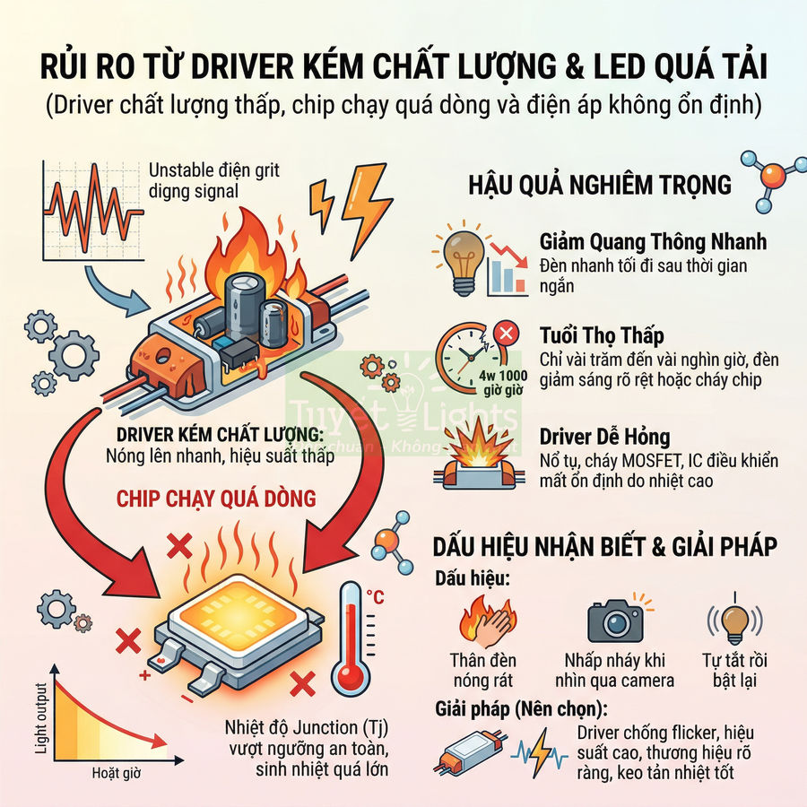 Minh họa rủi ro khi dùng driver LED kém chất lượng khiến chip LED quá tải, nóng lên nhanh và dễ cháy hỏng