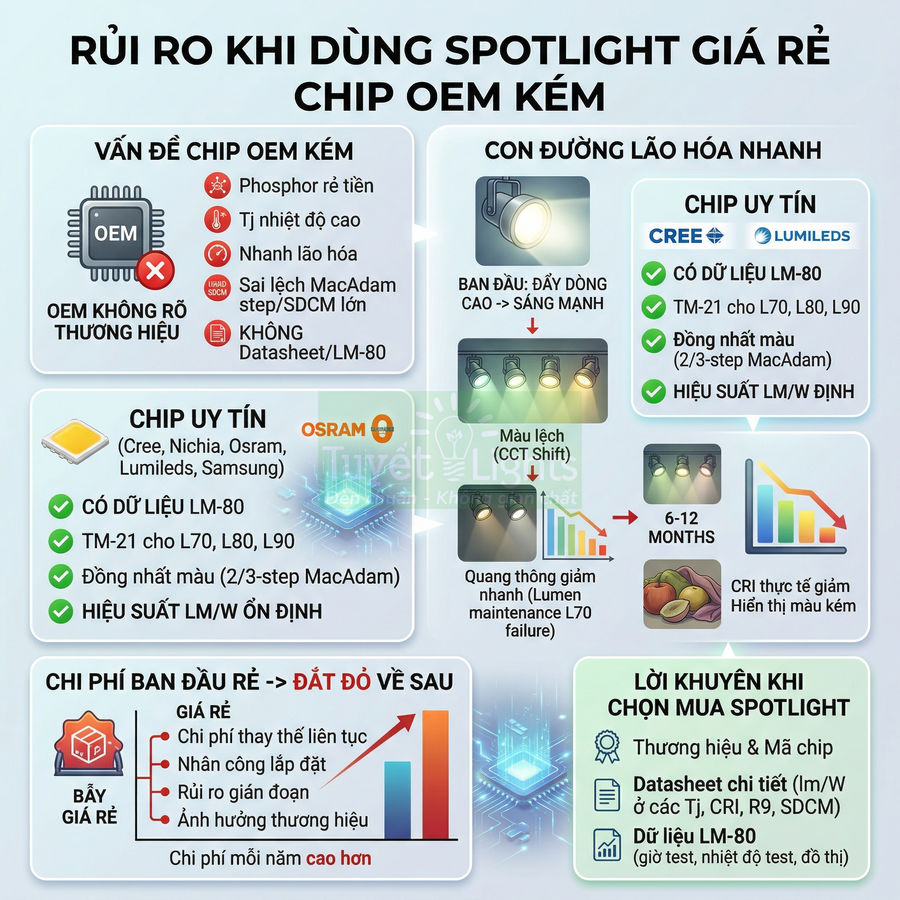 Infographic rủi ro khi dùng spotlight giá rẻ chip OEM kém và lợi ích chọn chip LED uy tín Cree, Lumileds, Osram