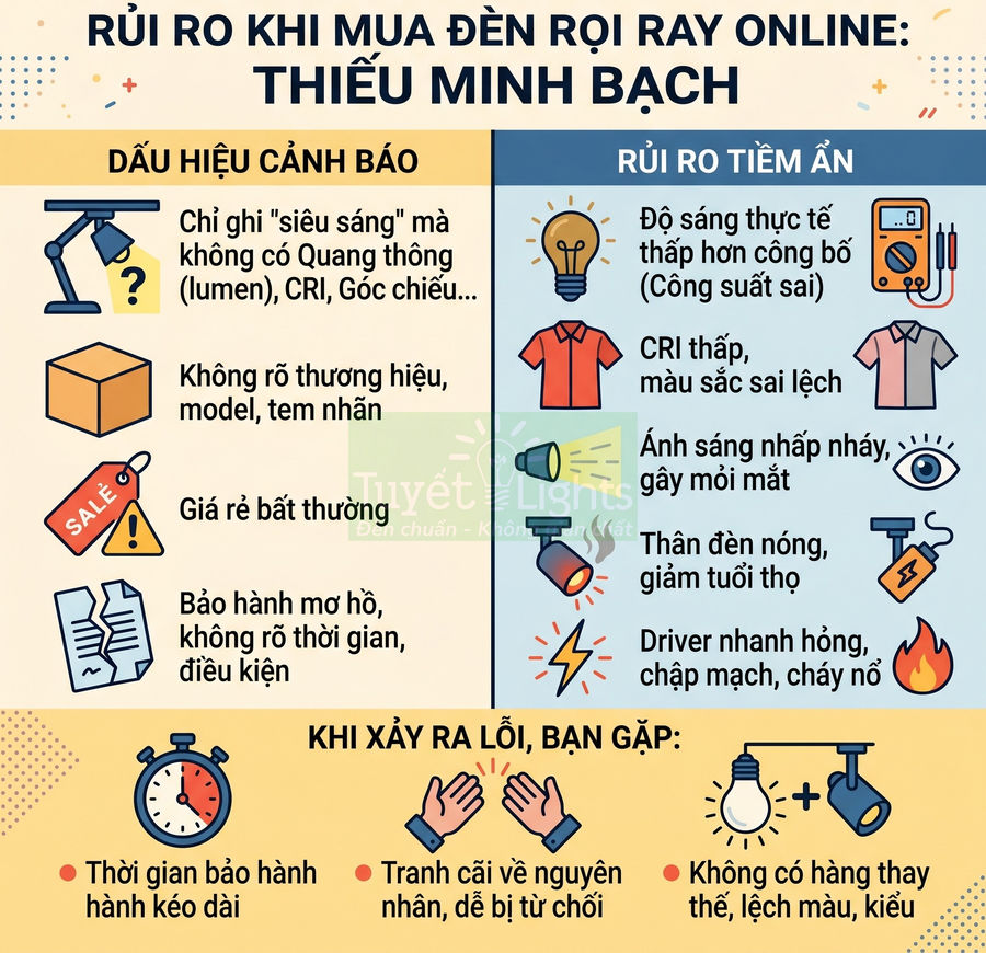 Infographic cảnh báo rủi ro khi mua đèn rọi ray online kém minh bạch và hậu quả cho người dùng