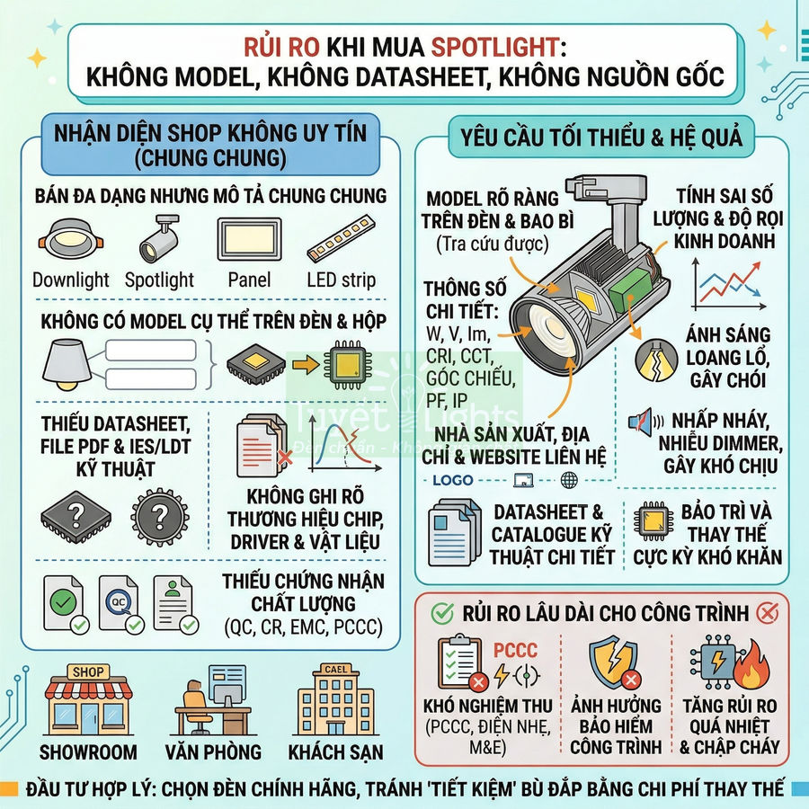 Infographic cảnh báo rủi ro khi mua đèn spotlight LED không rõ model, thiếu datasheet và nguồn gốc xuất xứ