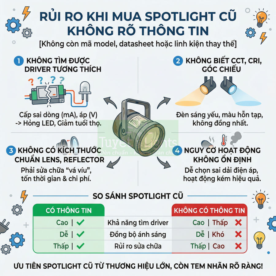 Infographic rủi ro khi mua đèn spotlight cũ không rõ thông tin và so sánh spotlight có thông tin, không thông tin