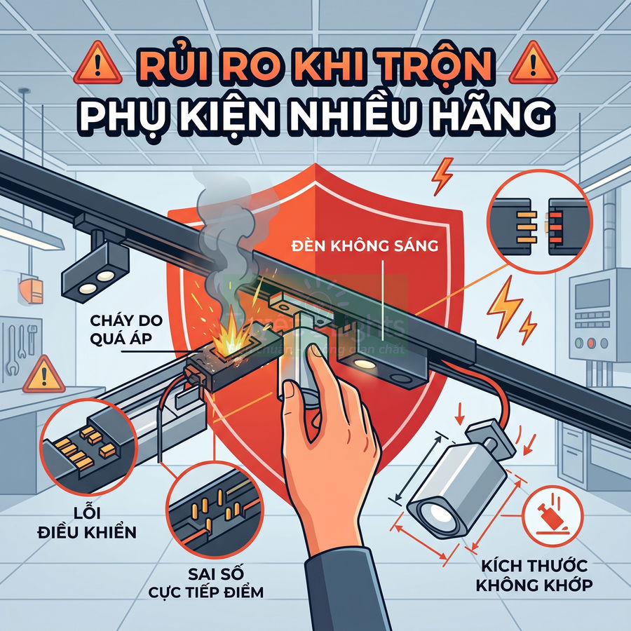 Minh họa rủi ro khi lắp đèn ray và phụ kiện chiếu sáng nhiều hãng gây cháy nổ và đèn không sáng