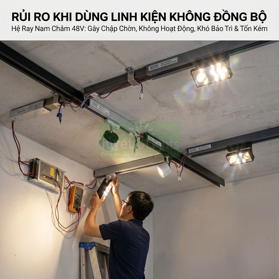 Kỹ thuật viên lắp đặt hệ ray nam châm 48V với nhiều đèn led và bộ nguồn trên trần nhà