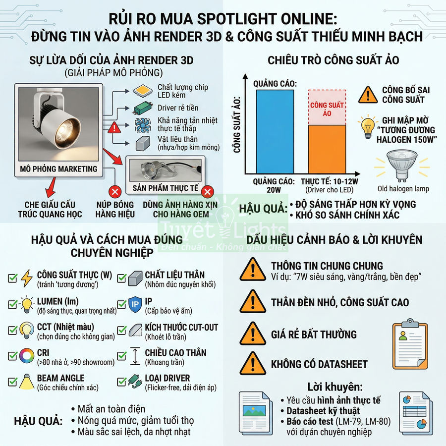 Infographic cảnh báo rủi ro mua đèn spotlight LED online, so sánh ảnh render 3D với sản phẩm thực tế