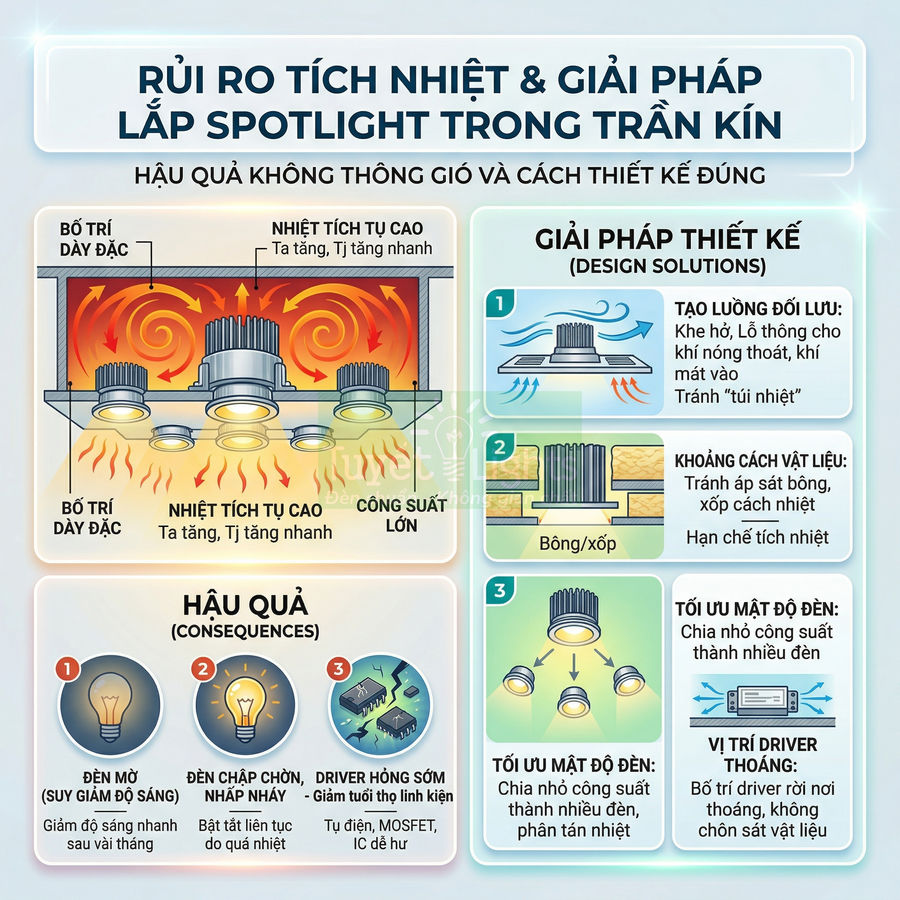 Infographic rủi ro tích nhiệt và giải pháp lắp đèn spotlight âm trần kín, hướng dẫn bố trí đèn và driver tản nhiệt an toàn