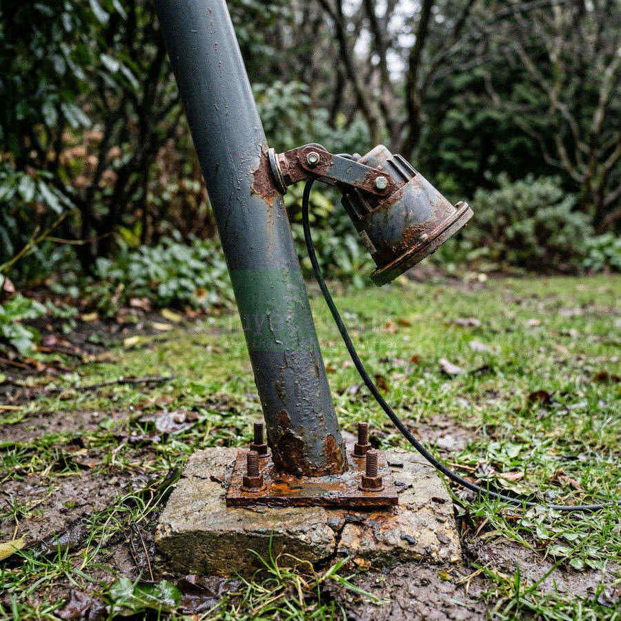 Đèn chiếu sân vườn bằng kim loại bị gỉ sét gắn trên trụ thép ngoài trời