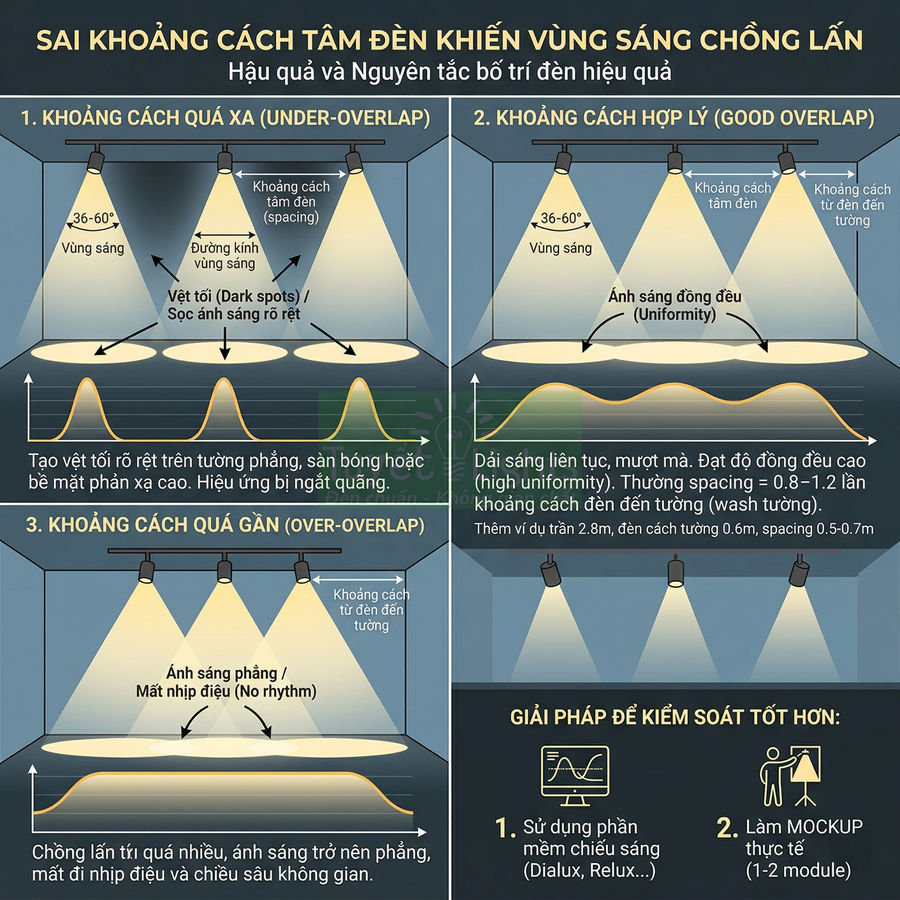 Hướng dẫn bố trí khoảng cách đèn chiếu sáng tường chuẩn để tránh vùng tối và chồng lấn ánh sáng
