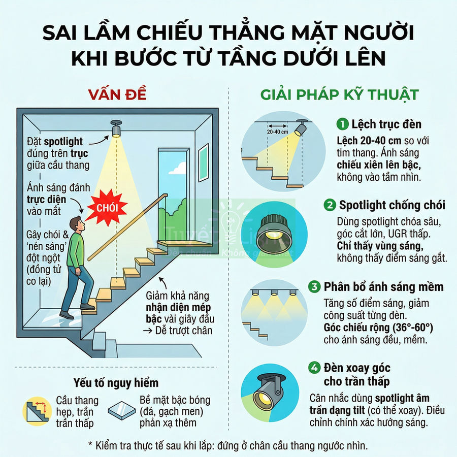 Minh họa sai lầm lắp đèn spotlight chiếu thẳng mặt trên cầu thang và các giải pháp bố trí đèn an toàn