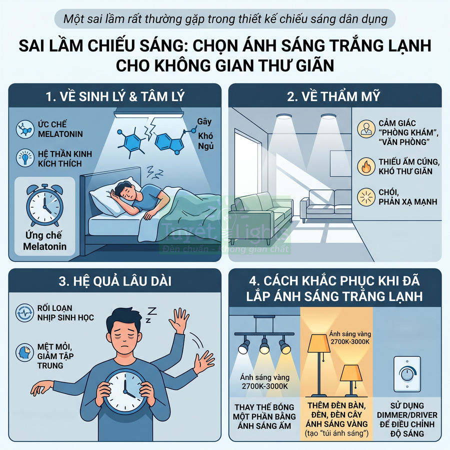 Infographic cảnh báo tác hại ánh sáng trắng lạnh trong phòng ngủ và gợi ý dùng ánh sáng vàng thư giãn