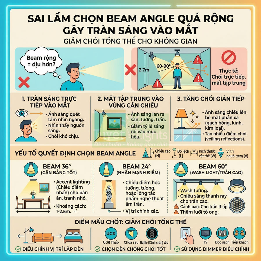 Infographic hướng dẫn chọn góc chiếu beam angle cho đèn LED trần để giảm chói và tập trung ánh sáng