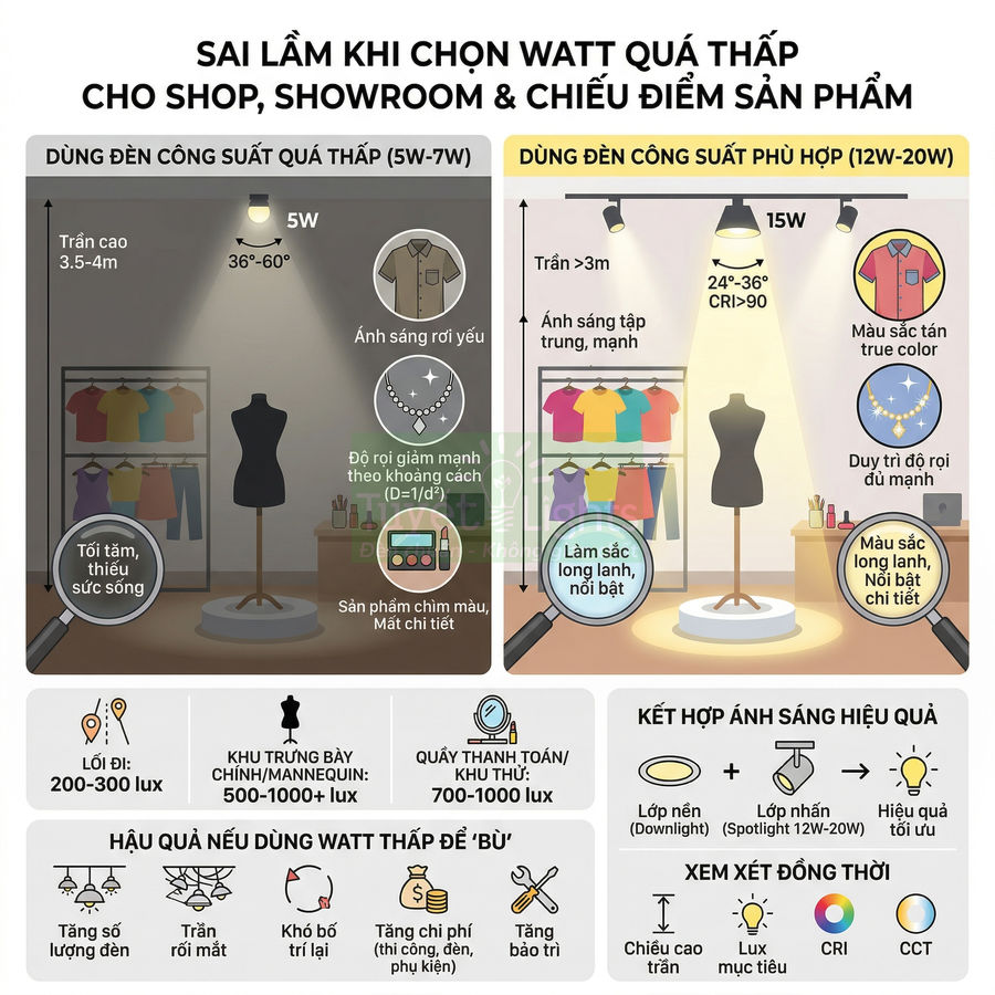 So sánh hiệu quả chiếu sáng shop khi dùng đèn công suất thấp 5W và đèn spotlight 12W 20W cho sản phẩm trưng bày