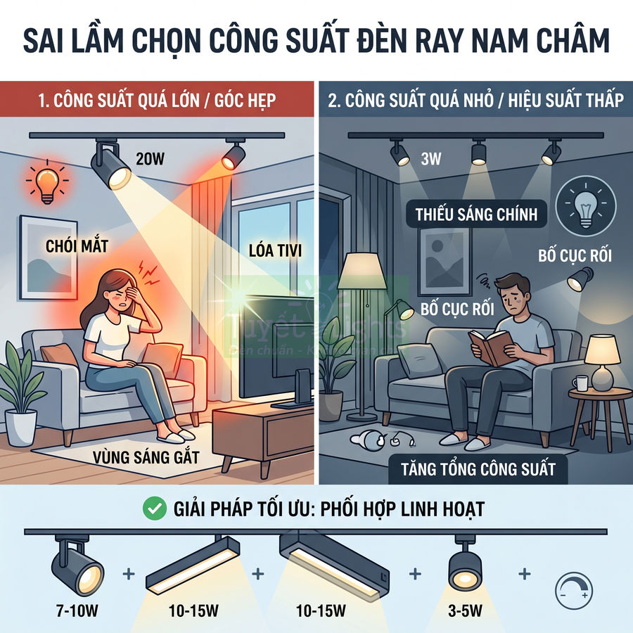 Minh họa sai lầm chọn công suất đèn ray nam châm và gợi ý phối hợp nhiều đèn công suất khác nhau