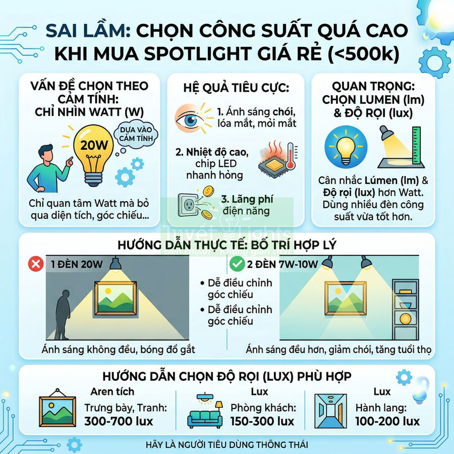 Infographic hướng dẫn chọn công suất và bố trí đèn spotlight LED giá rẻ để có ánh sáng và độ rọi phù hợp