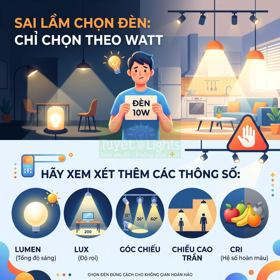 Infographic hướng dẫn chọn đèn LED cho phòng khách theo lumen lux góc chiếu chiều cao trần và chỉ số CRI