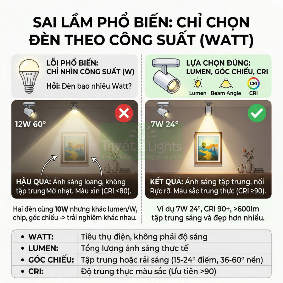 Infographic so sánh đèn LED 12W và 7W theo lumen, góc chiếu, CRI để chọn đèn rọi tranh sáng đẹp