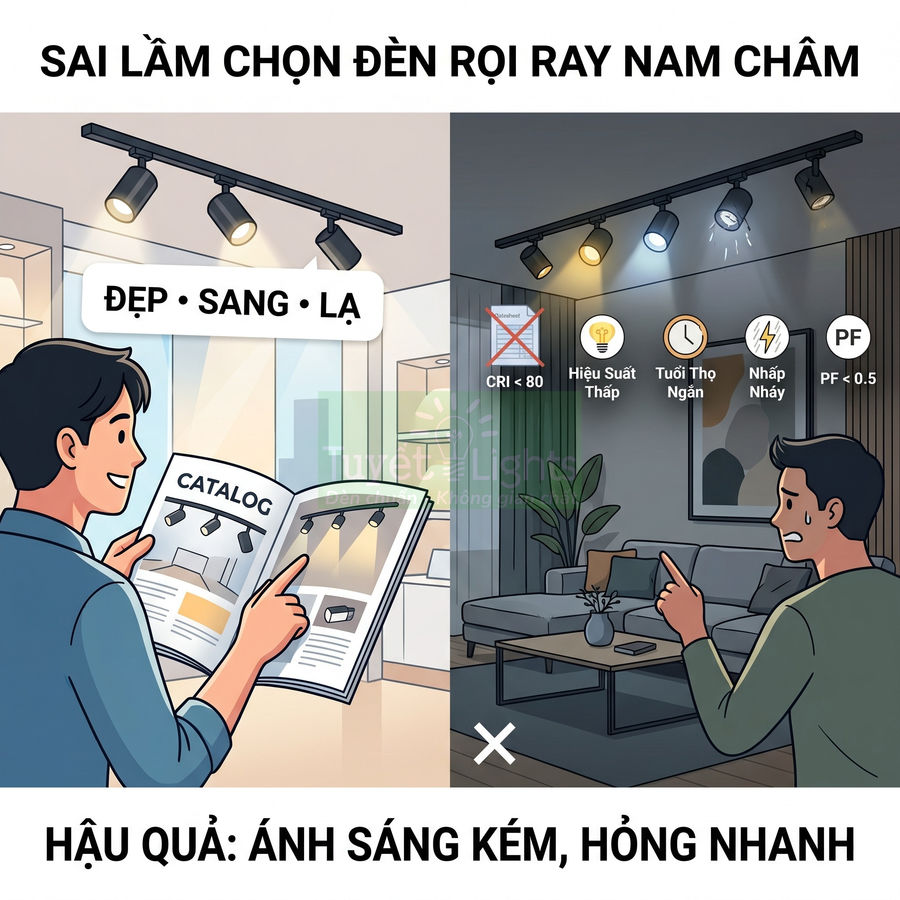 Sai lầm chọn đèn rọi ray nam châm chỉ vì mẫu mã đẹp dẫn đến ánh sáng kém và nhanh hỏng