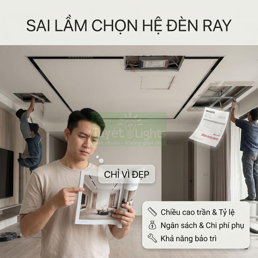 Người đàn ông xem catalog đèn ray trong phòng khách, thợ đang lắp đặt hệ đèn ray âm trần