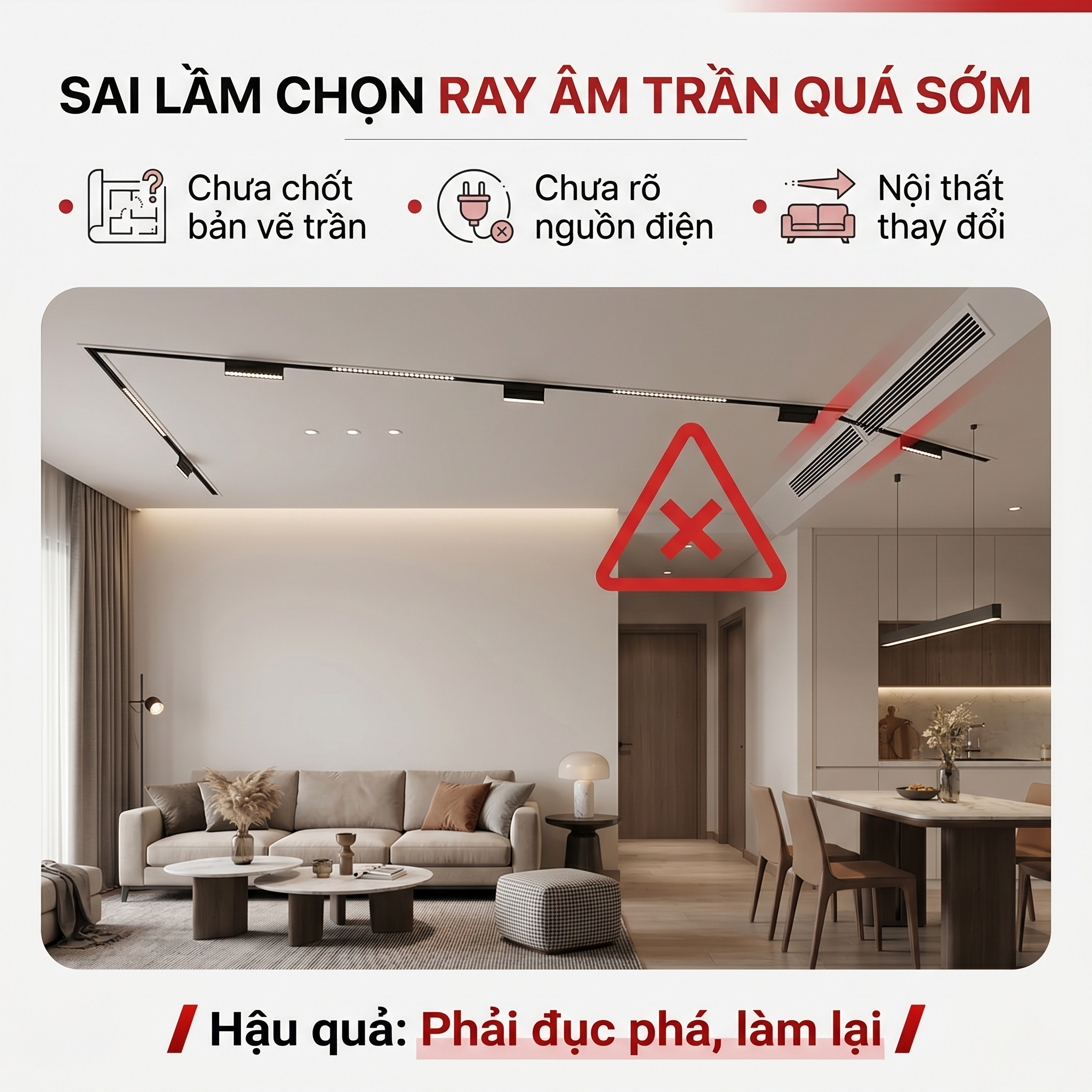 Phòng khách hiện đại với hệ thống ray âm trần lắp sai vị trí gây phải đục phá làm lại
