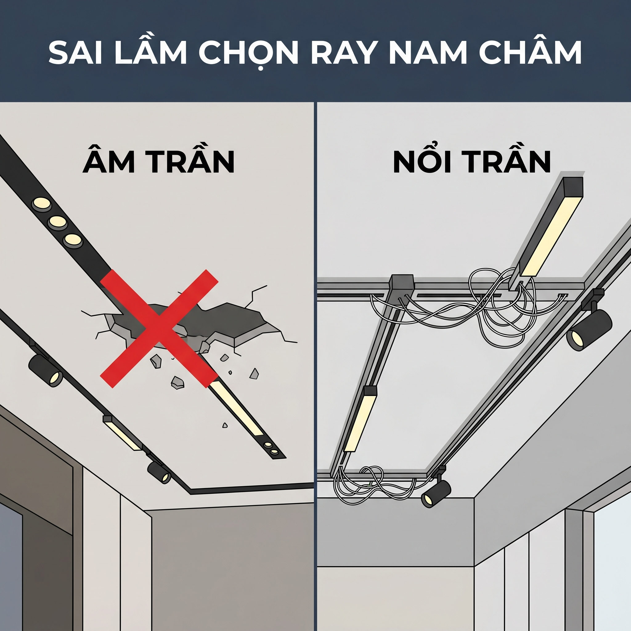 So sánh lắp đặt ray đèn nam châm âm trần bị nứt trần và ray nam châm nổi trần rối dây điện