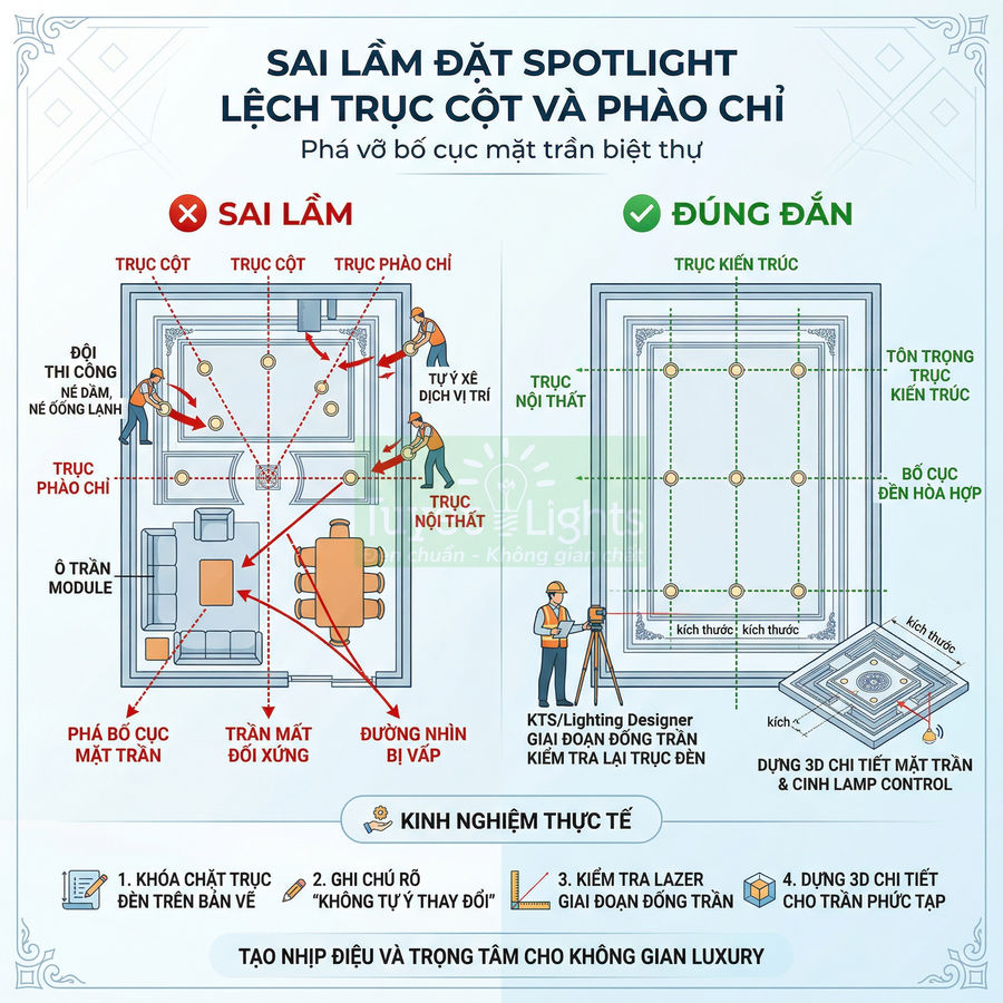 Hướng dẫn bố trí đèn spotlight trần biệt thự đúng trục cột và phào chỉ, so sánh cách lắp sai và chuẩn