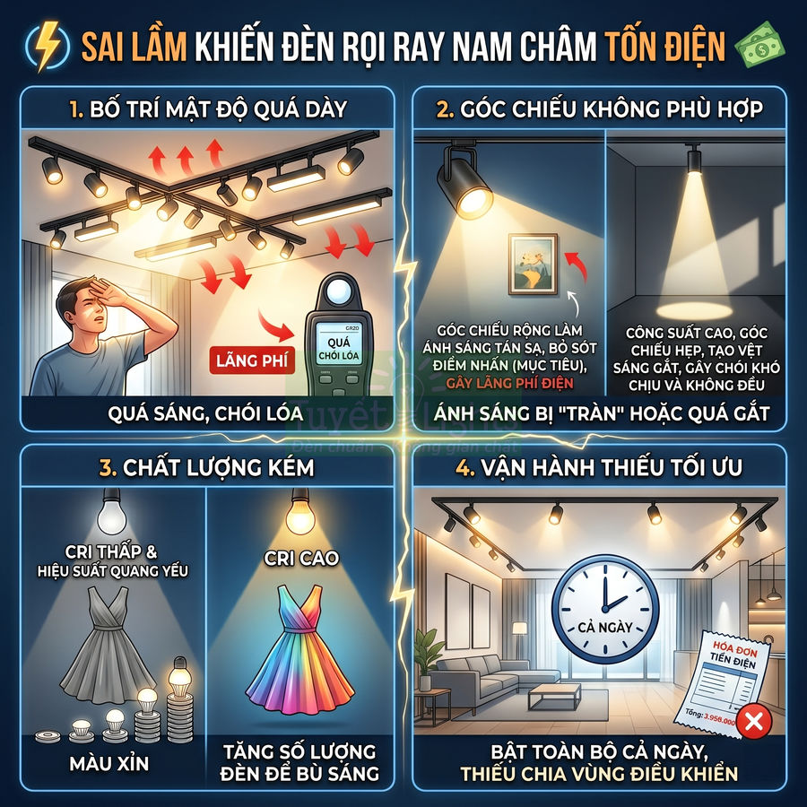 Infographic các sai lầm khi dùng đèn rọi ray nam châm gây tốn điện trong phòng khách và trưng bày