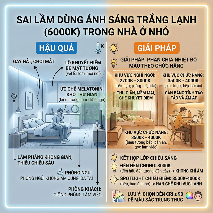 Infographic so sánh hậu quả dùng ánh sáng trắng lạnh 6000K và giải pháp chọn nhiệt độ màu đèn LED trong nhà