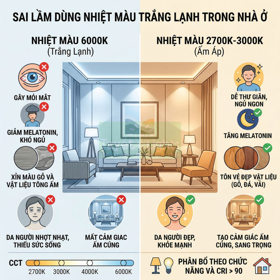 So sánh phòng khách dùng đèn LED ánh sáng trắng lạnh 6000K và đèn LED ánh sáng vàng 2700K 3000K cùng tác động sức khỏe